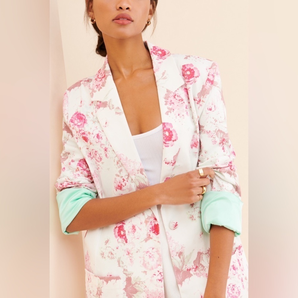 NWT For Love & Lemons Weston Denim Blazer Pink Floral - Medium - Picture 6 of 8